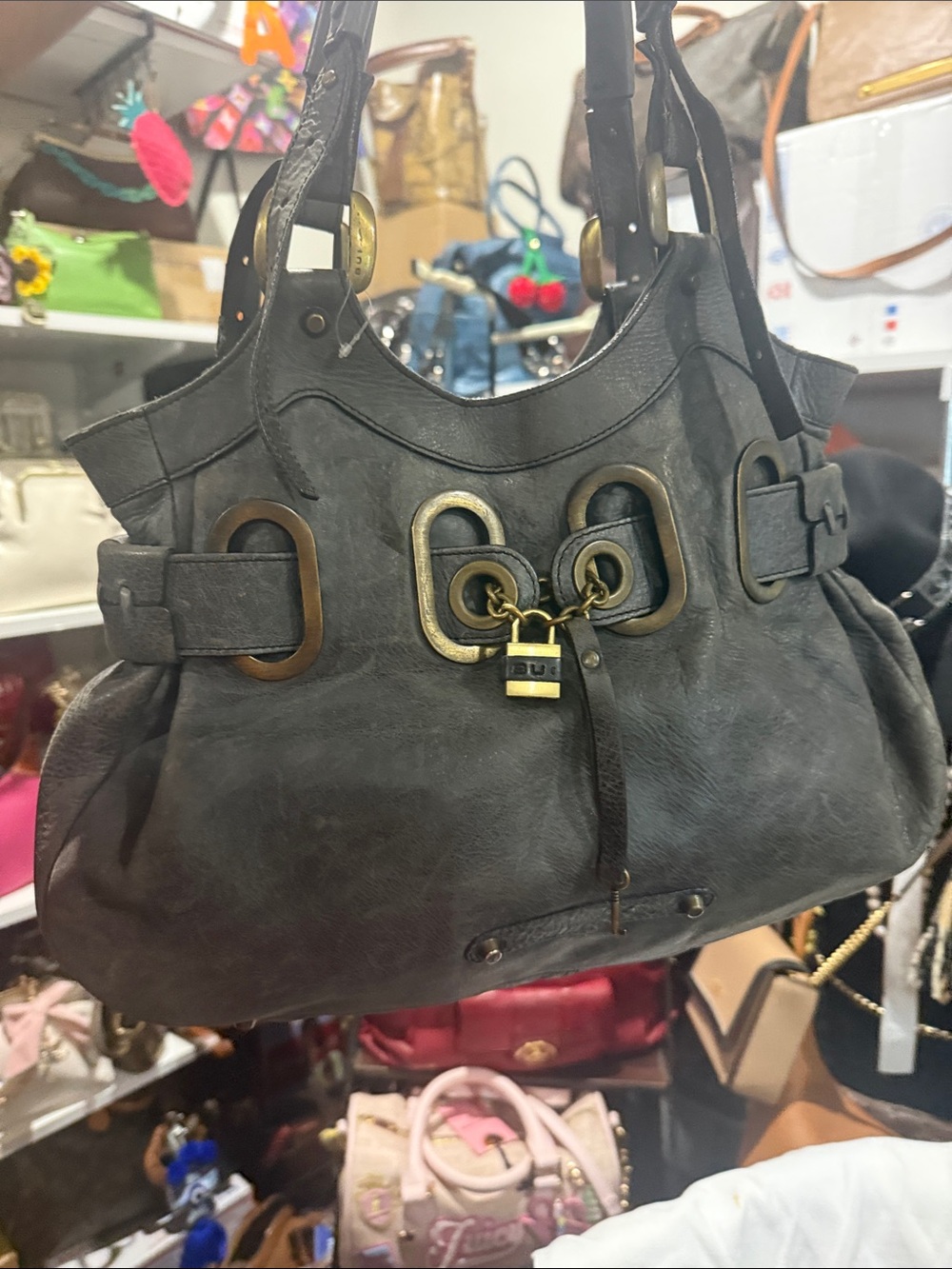 BARBARA BUI HOBO antiqued Gold Hardware tone SHOULDER BAG IN GRAY LEATHER